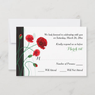 Wedding RSVP Card   Red Poppies   Black, Green
