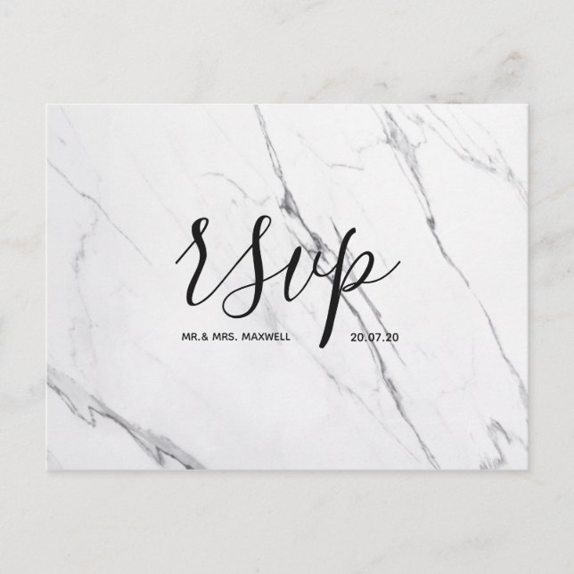 Wedding Rsvp card | White Marble Script Postcard (Front)