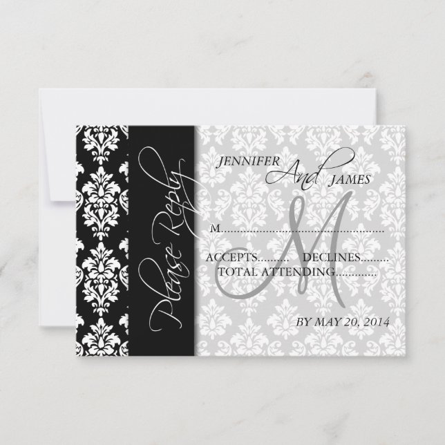 Wedding RSVP Cards Black Damask 2 Monogram (Front)