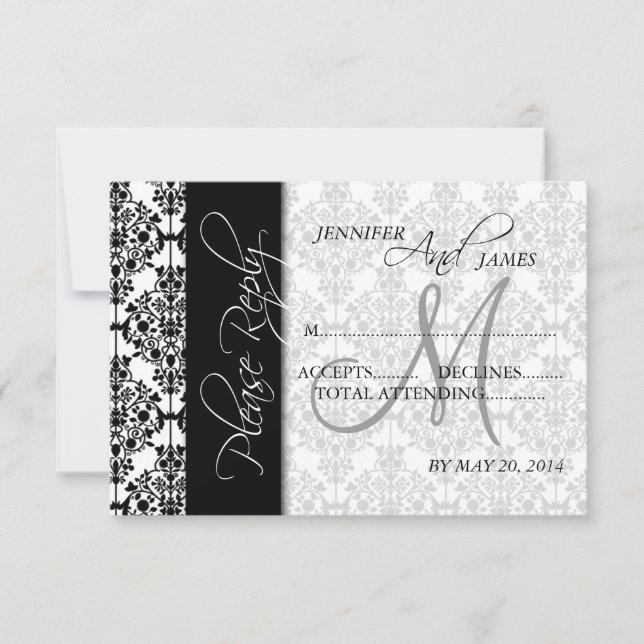 Wedding RSVP Cards Black Damask 5 Monogram (Front)