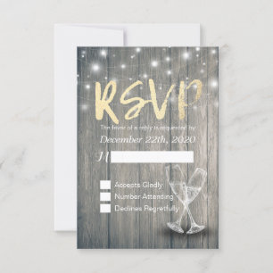Wedding RSVP Champagne Glasses Wood String Lights Card