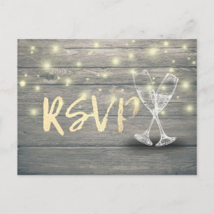 Wedding RSVP Champagne Glasses Wood String Lights Invitation Postcard