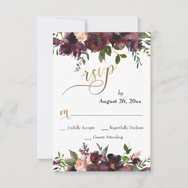 Wedding RSVP Deep Red Burgundy Floral Gold Script (Front)