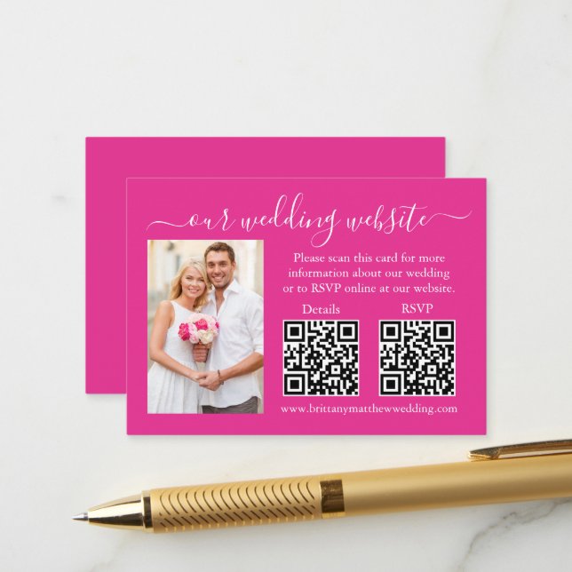 Wedding RSVP Details Photo 2 QR Hot Pink Enclosure Card (Front/Back In Situ)