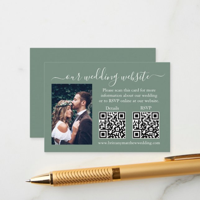 Wedding RSVP Details Photo 2 QR Sage Green Enclosure Card (Front/Back In Situ)