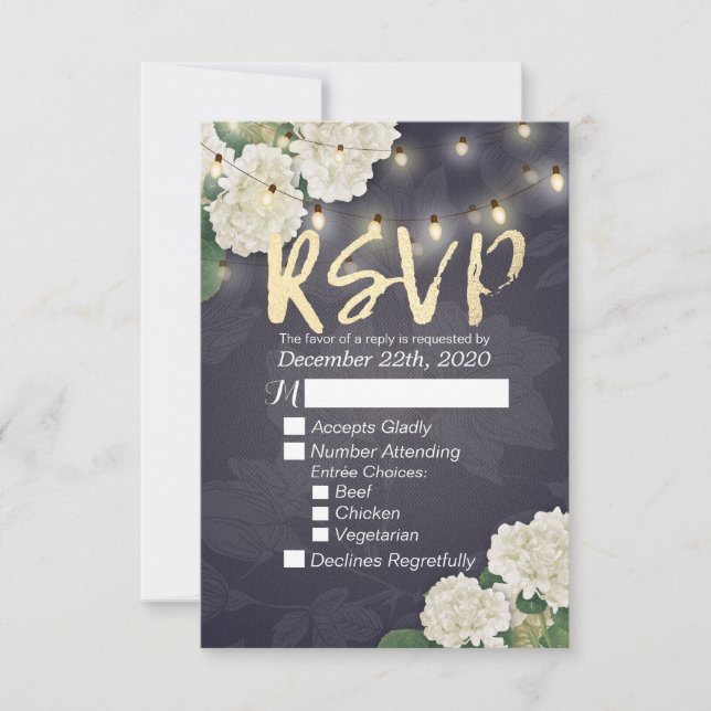 Wedding RSVP Hydrangea Flowers String Lights Blue Card (Front)