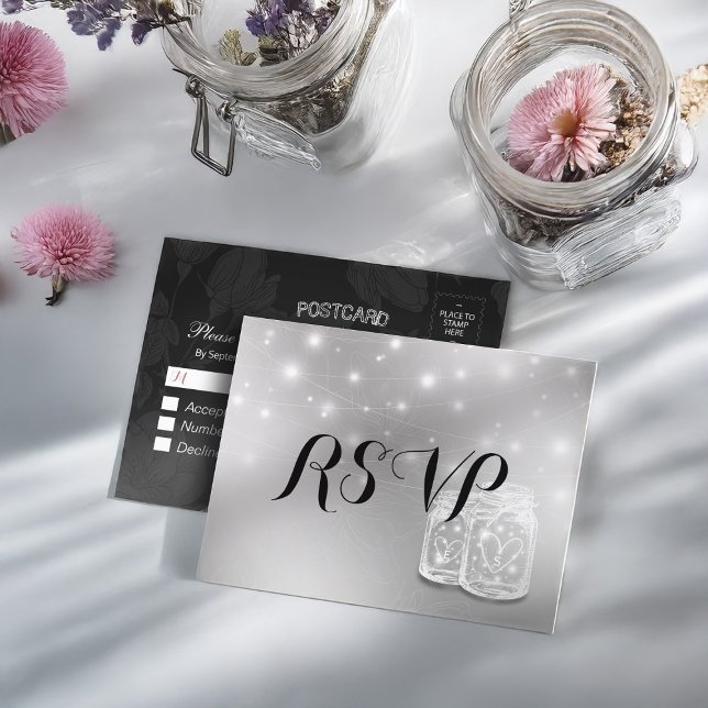 Wedding RSVP Mason Jars String Light Modern Silver Invitation Postcard (Creator Uploaded)