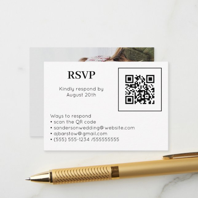 Wedding RSVP Online QR Code Photo White Enclosure Card (Front/Back In Situ)