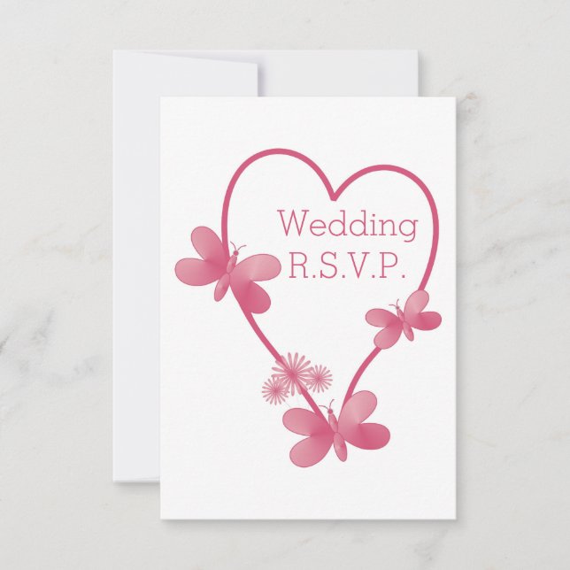 Wedding RSVP Pink Heart And Butterflies (Front)
