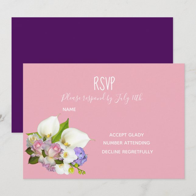 Wedding RSVP pink pastel floral and purple theme Invitation (Front/Back)