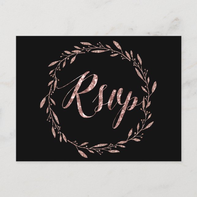 Wedding RSVP Postcards Rose Gold Foil Wreath Black (Front)