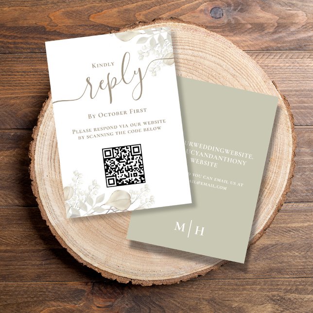 Wedding RSVP QR Code Elegant Sage Greenery (Simple Wedding reply card with a sage green background and QR code template.)