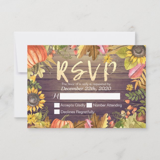 Wedding RSVP Reply Autumn Maple Leaf Pumpkins Wood Card (Front)