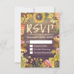 Wedding RSVP Reply Autumn Maple Leaf Pumpkins Wood Card