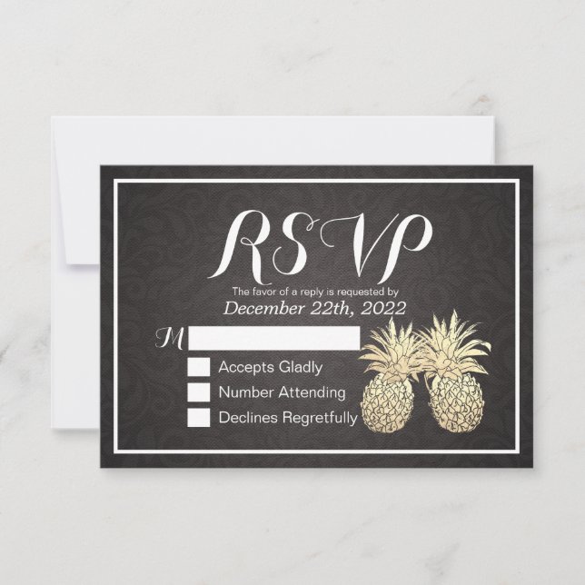 Wedding RSVP Reply Black Gold Pineapple Couple (Front)