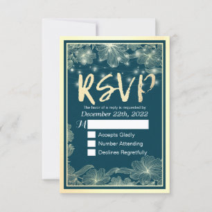 Wedding RSVP Reply Blue Gold Flowers String Lights Card
