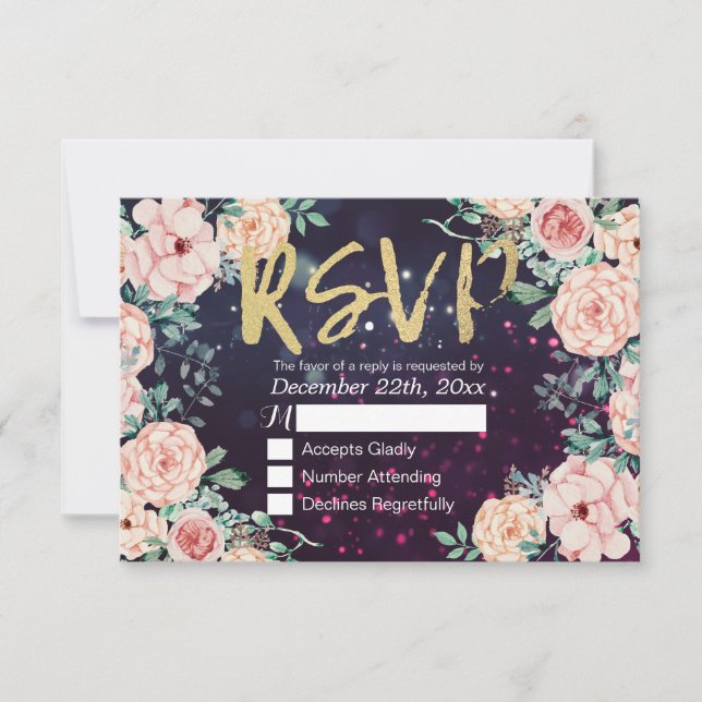 Wedding RSVP Reply Chic Floral Purple Gold Script (Front)