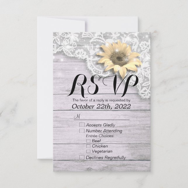 Wedding RSVP Reply Chic Lace Sunflower Wood Lights Card (Front)