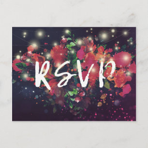 Wedding RSVP Reply Floral String Light Gold Script Invitation Postcard