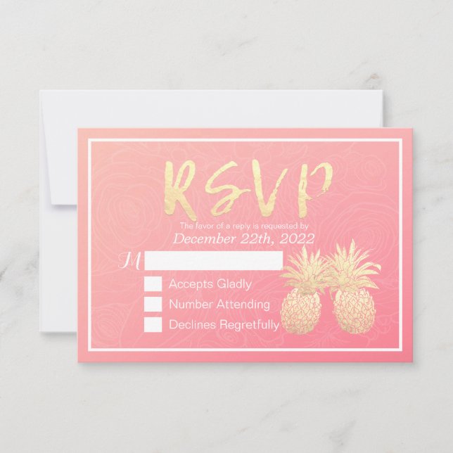 Wedding RSVP Reply Gold Pineapple Couple Pink Rose Card (Front)