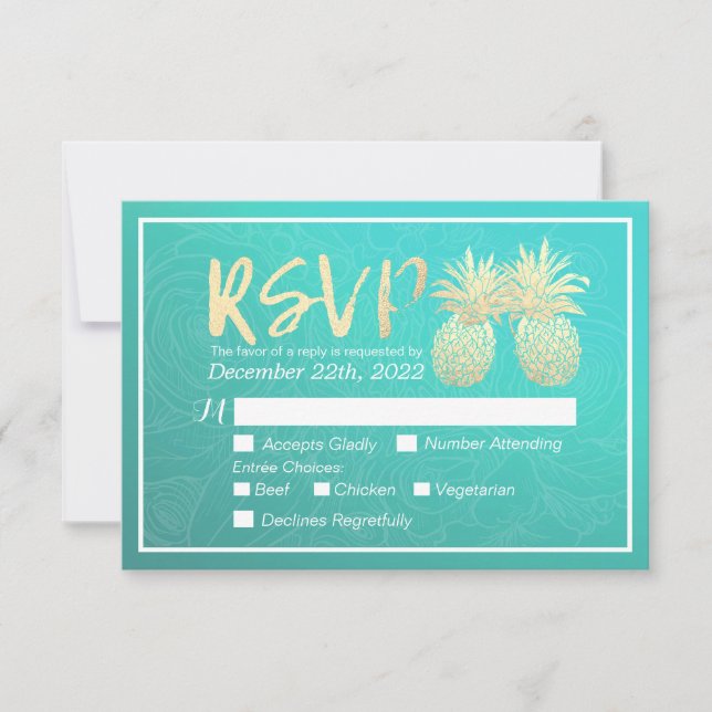 Wedding RSVP Reply Gold Pineapple Couple Teal Rose (Front)