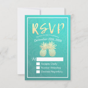 Wedding RSVP Reply Gold Pineapple Couple Teal Rose Card