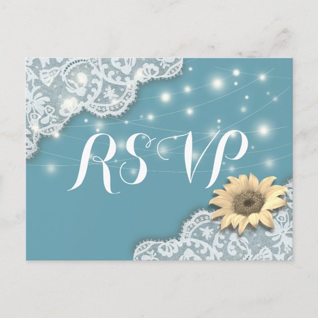 Wedding RSVP Reply Lace Sunflowers & String Lights Invitation Postcard (Front)