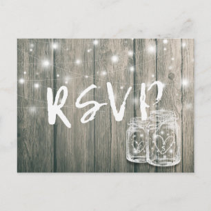 Wedding RSVP Rustic Wood & Mason Jar String Lights Invitation Postcard