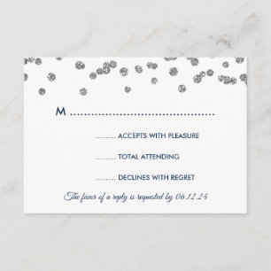 Wedding RSVP Silver Faux Glitter Confetti Navy Blu Card