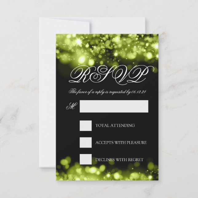 Wedding RSVP Sparkling Lights Lime Black Card (Front)