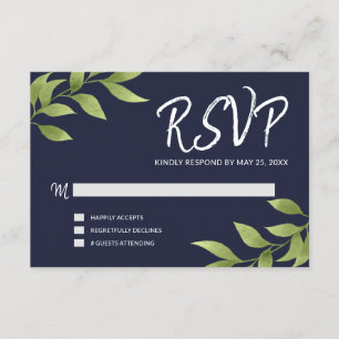 Wedding RSVP Watercolor Willow Wreath Navy Blue Card