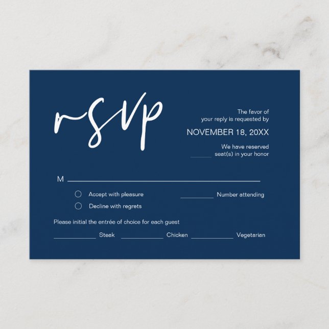 Wedding RSVP, with meal options, Navy Blue font En Enclosure Card (Front)