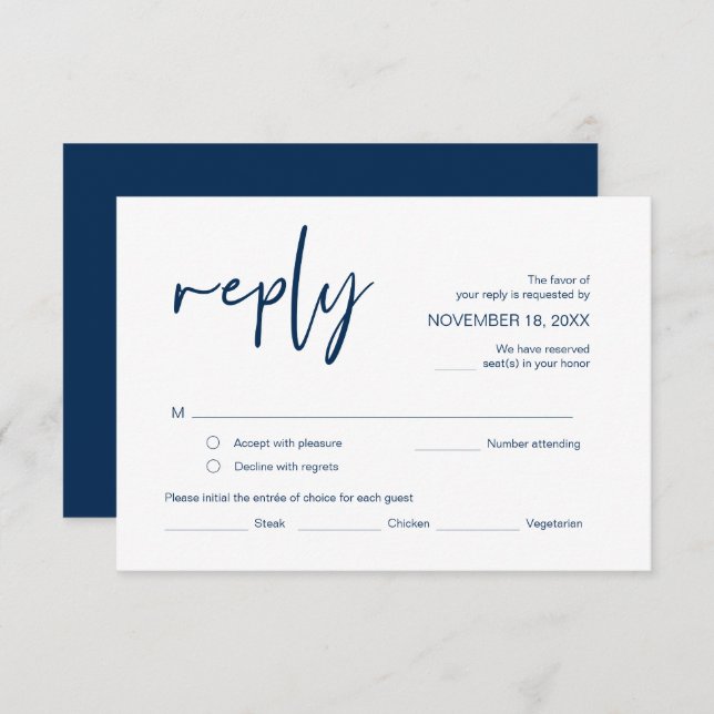 Wedding RSVP, with meal options, Navy Blue font Enclosure Card (Front/Back)