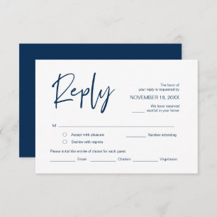 Wedding RSVP, with meal options, Navy Blue script Enclosure Card