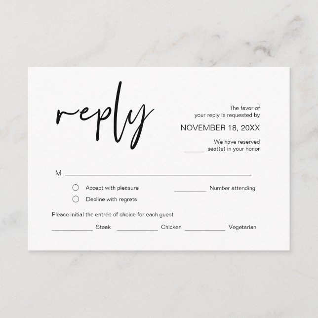 Wedding RSVP, with meal options, respond  Enclosur Enclosure Card (Front)