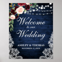 Wedding Rustic Blue Wood Lace Burgundy Blue Floral