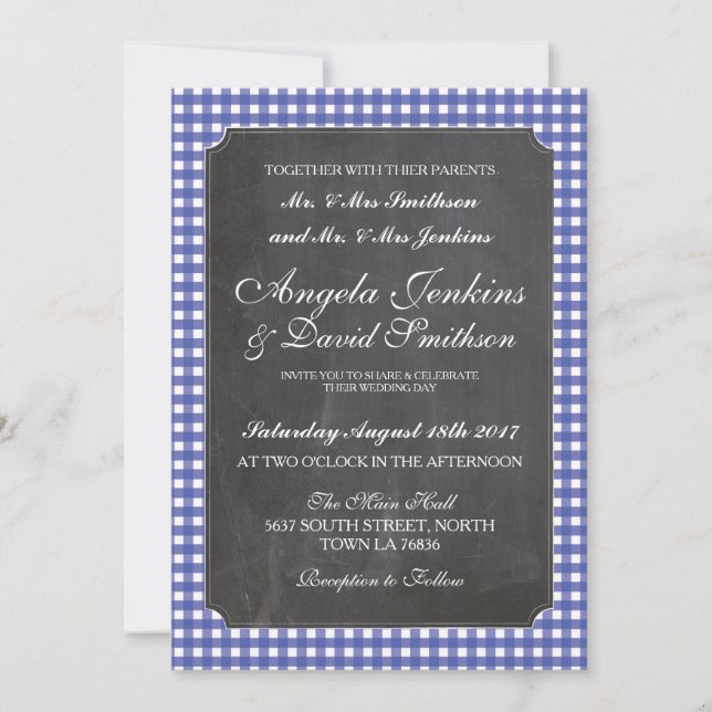 Wedding Rustic Chalk Blue Check Invitation (Front)