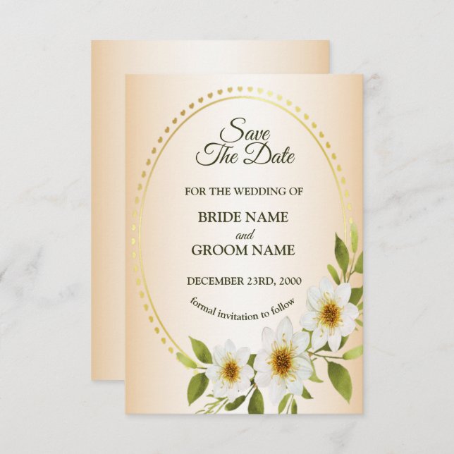 Wedding Rustic Golden Frame White Floral Peach Save The Date (Front/Back)