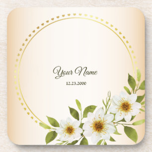 Wedding Rustic Golden Geometric White Floral Peach Coaster