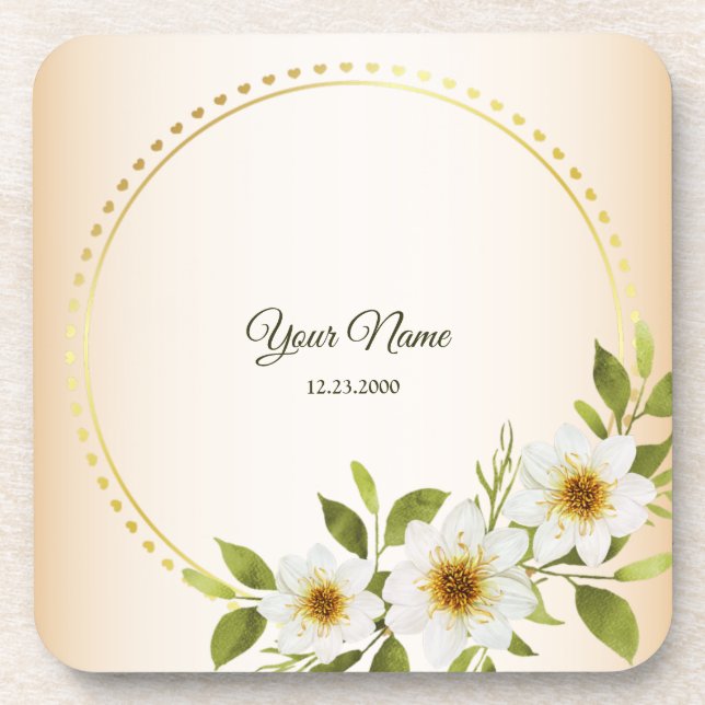 Wedding Rustic Golden Geometric White Floral Peach Coaster (Front)