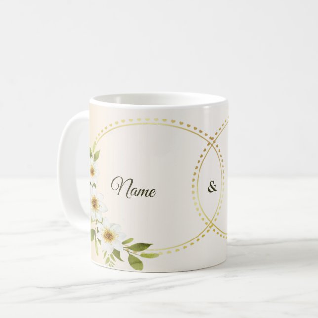 Wedding Rustic Golden Geometric White Floral Peach Coffee Mug (Front Left)