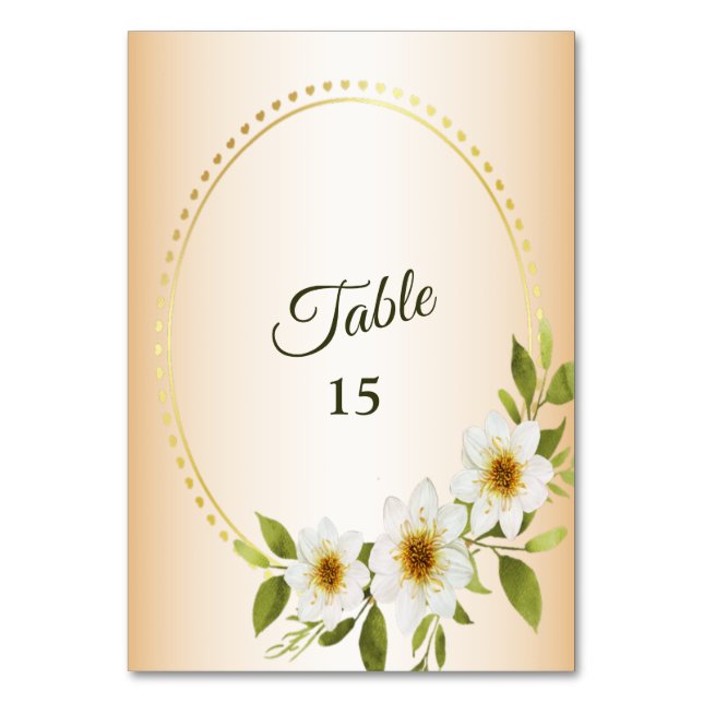 Wedding Rustic Golden Geometric White Floral Peach Table Number (Front)