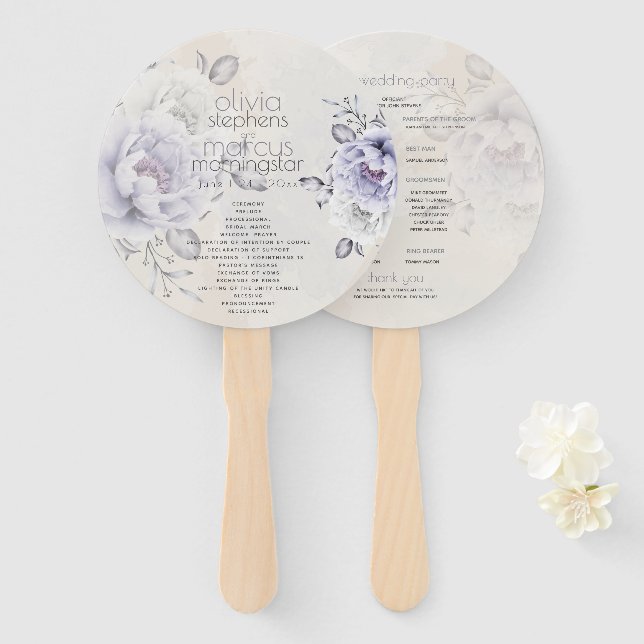 Wedding | Rustic Lilac and Alabaster Peony Floral Hand Fan (Front and Back)