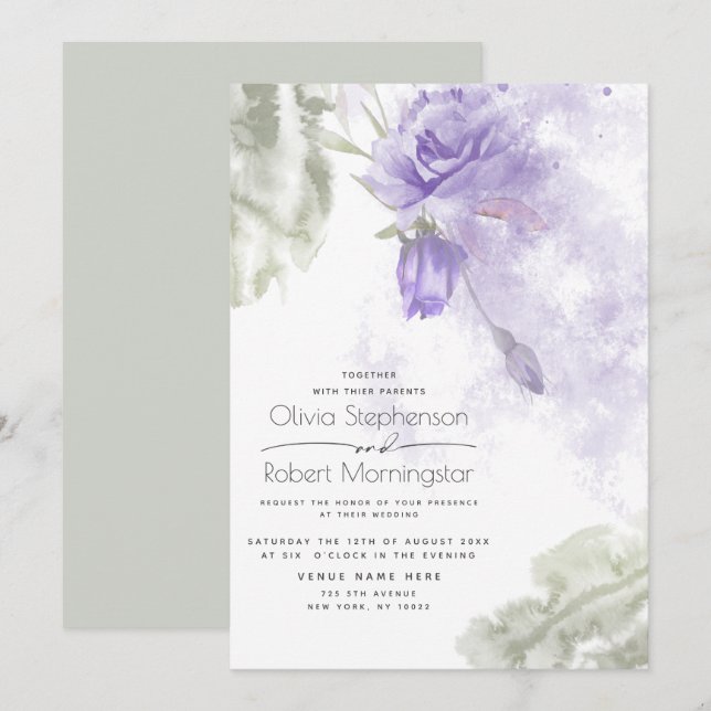 Wedding | Rustic Lilac Purple Floral  Invitation (Front/Back)