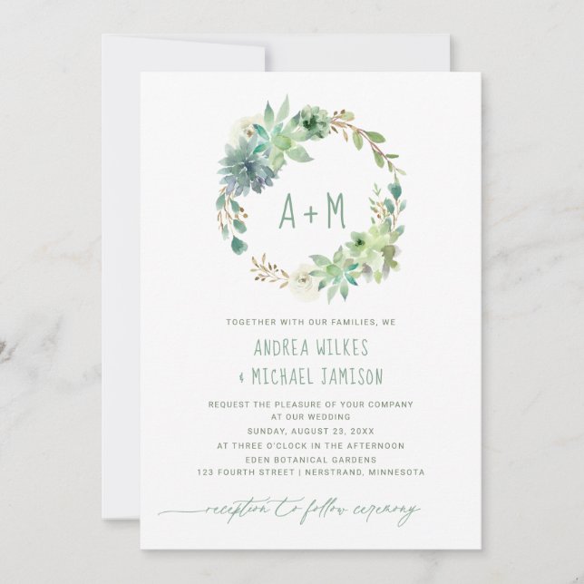 Wedding Rustic Succulents Cactus Watercolor Wreath Invitation (Front)