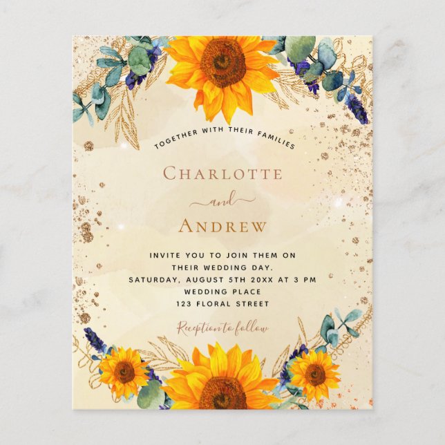 Wedding rustic sunflowers eucalyptus gold budget flyer (Front)