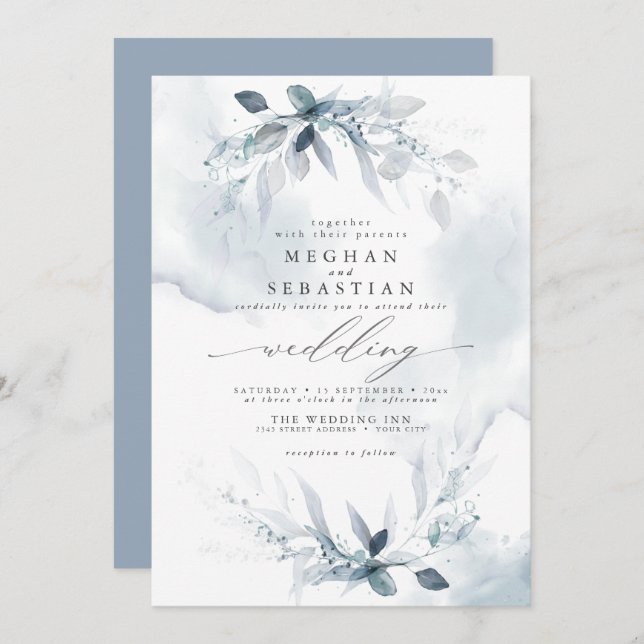 Wedding Rustic Watercolor Dusty Blue Foliage custo Invitation (Front/Back)