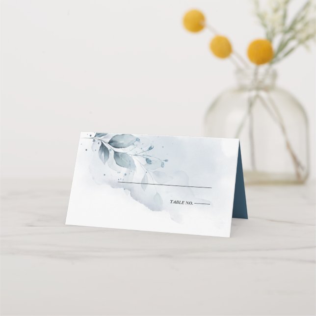 Wedding | Rustic Watercolor Dusty Blue Foliage  Place Card (Front)