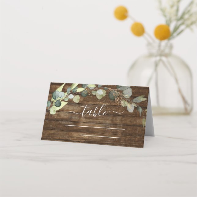 Wedding Rustic Wood Eucalyptus Greenery Country Place Card (Front)