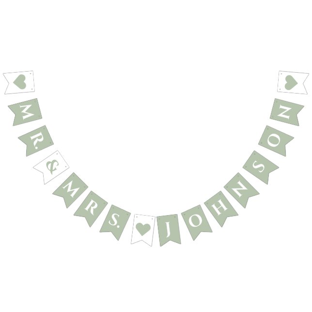 Wedding Sage Green 7 Letter Name Mr. & Mrs. Hearts Bunting Flags (All)